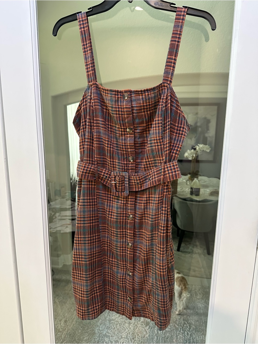 American Eagle Belted Plaid Button Front Midi Dress 100% Cotton